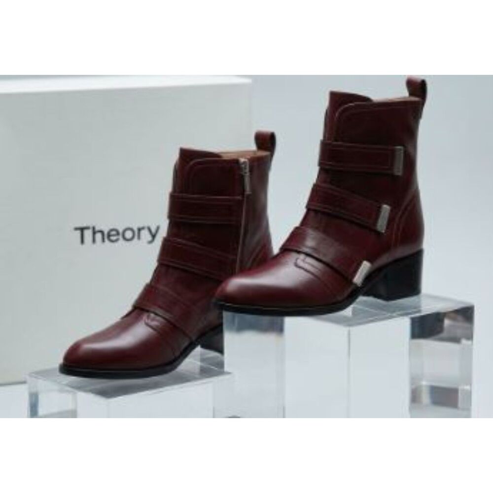 Theory Women's Burgundy Leather Triple Buckle Boots Sz 37 NIB 550